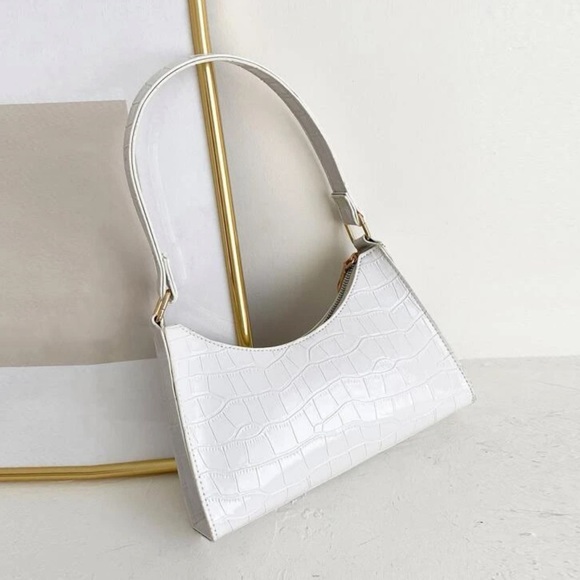 Handbags - White Croc Embossed Baguette Bag